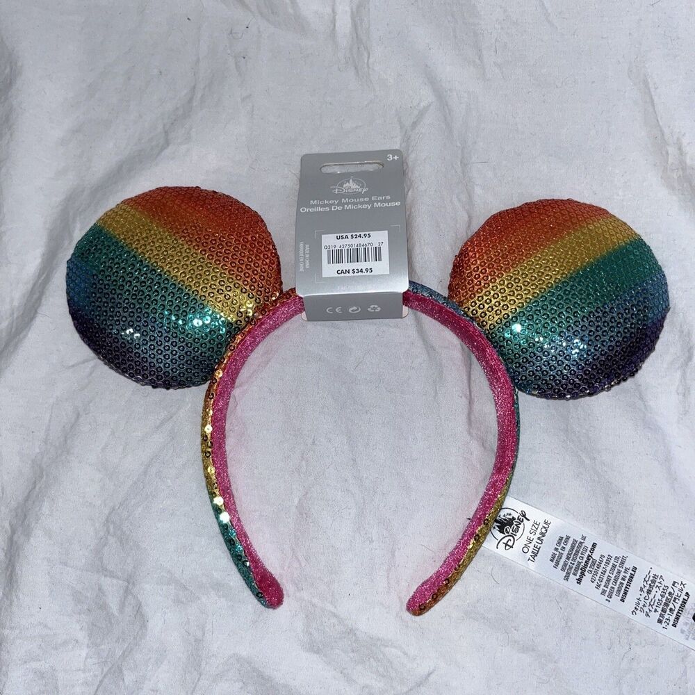Disney PRIDE Mickey Mouse (Or Minnie) Ears Sequined Rainbow Headband NWT No Bow